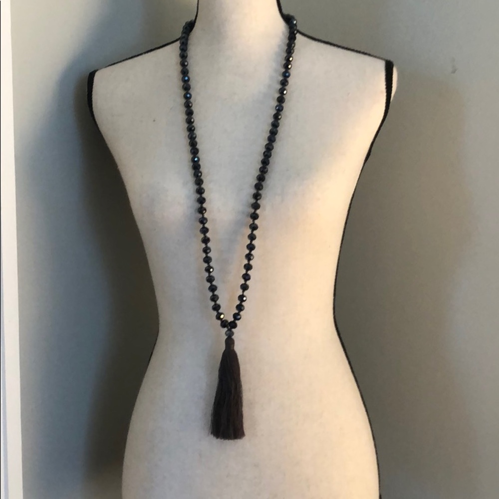 Gray Long Bead Necklace with Tassle